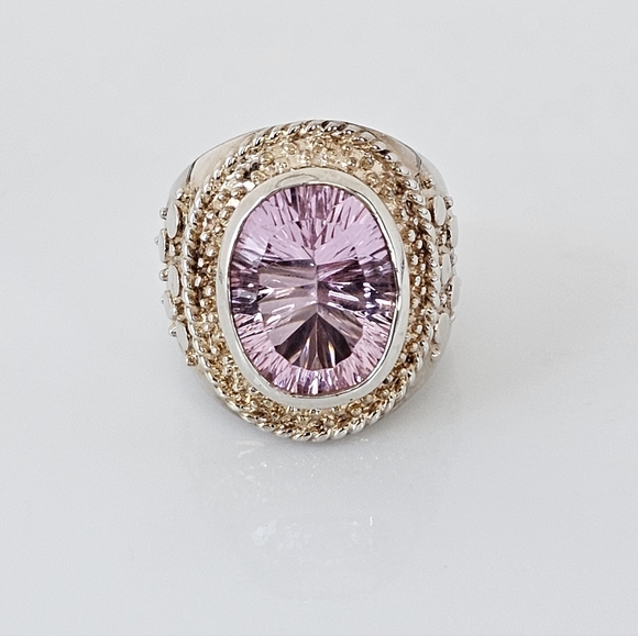 Genuine 9.32 Carat Pink Tourmaline Ring Two Toned Band Sterling Silver Sz 7.5 - Picture 10 of 13